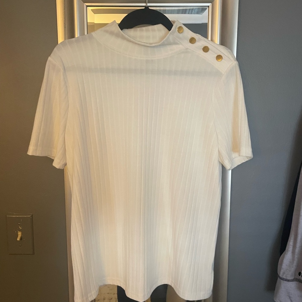 Turtleneck off white t-shirt with gold button detail. Worthington.